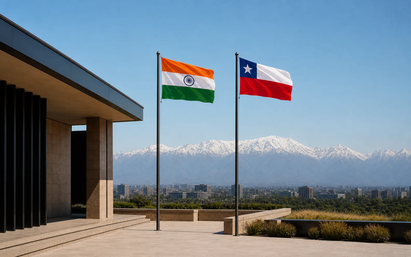 Contemporary Chilean architecture with the Indian and Chilean flags against the Andes.