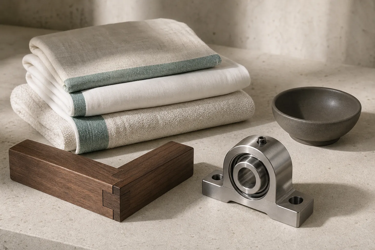 Hospitality textiles, wood, tableware, and a precision industrial component.